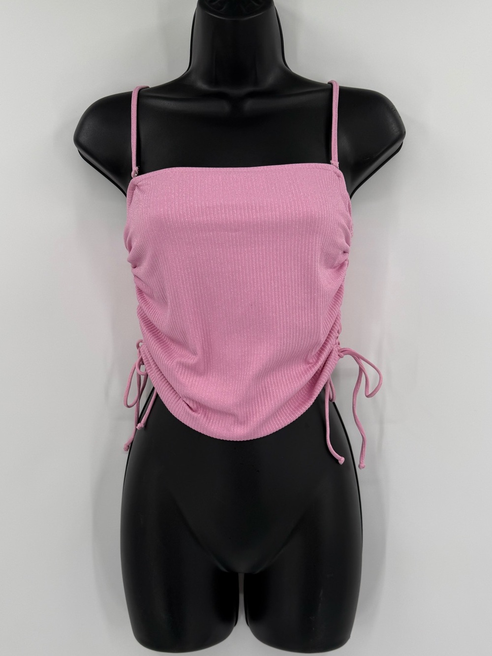 JMP The Label Ribbed Ruched Side-Tie Tankini Top | Sparkly Pink | Small
